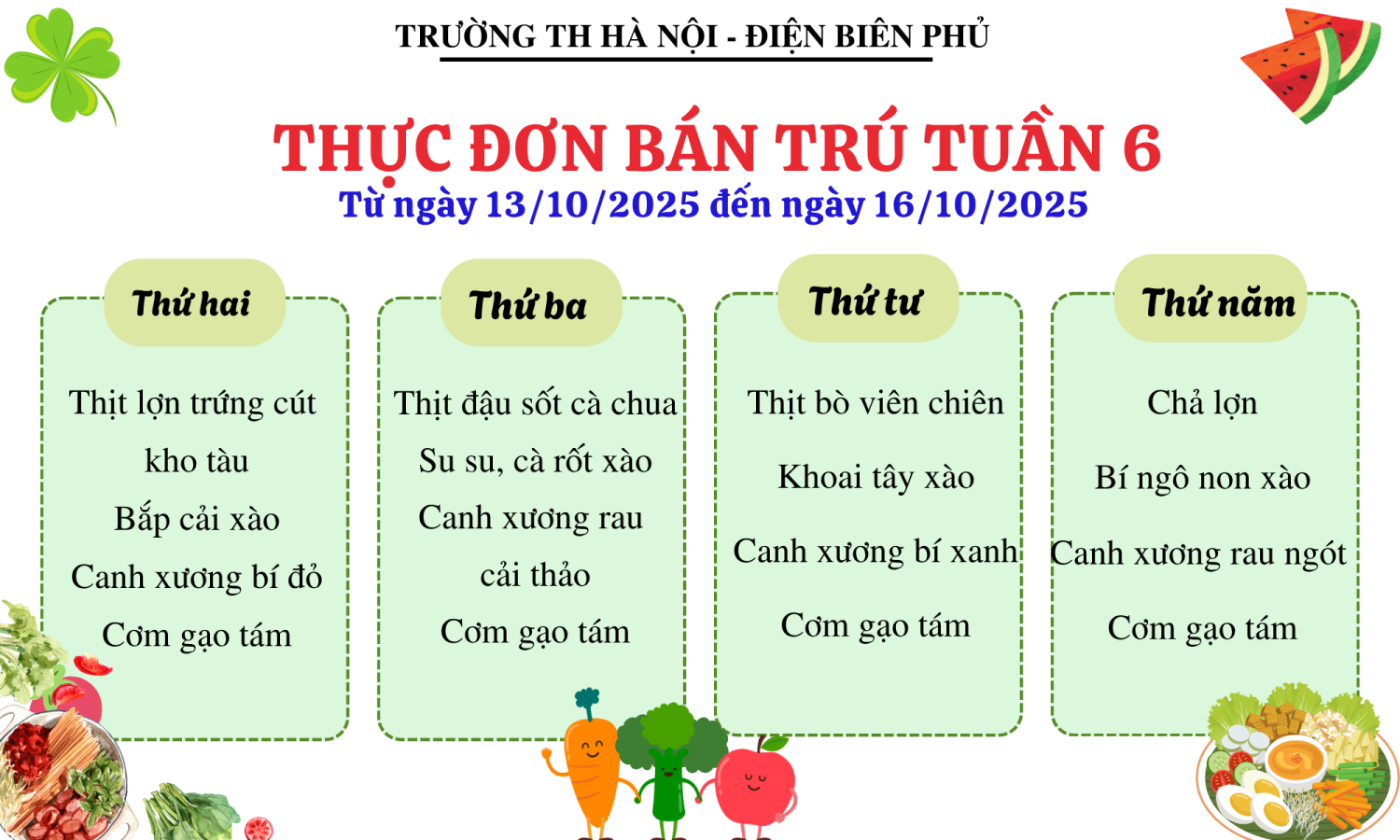 Thực đơn ăn bán trú Tuần 6